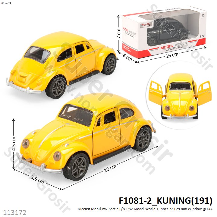 Diecast Mobil VW Beetle P/B 1:32 Model World 1 Inner 72 Pcs Box Window @144