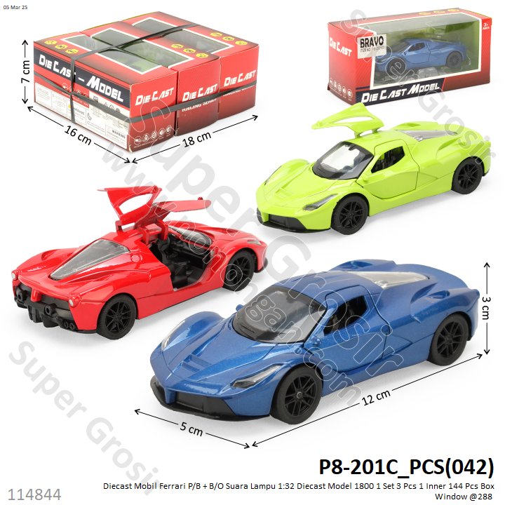 Diecast Mobil Ferrari P/B + B/O Suara Lampu 1:32 Diecast Model 1800 1 Set 3 Pcs 1 Inner 144 Pcs Box Window @288