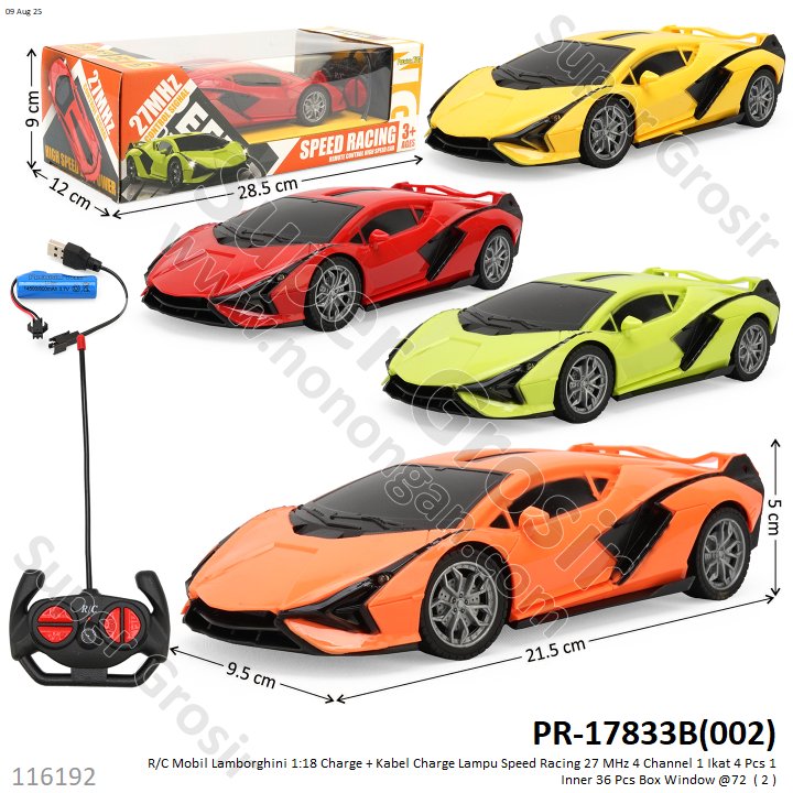 R/C Mobil Lamborghini 1:18 Charge + Kabel Charge Lampu Speed Racing 27 MHz 4 Channel 1 Ikat 4 Pcs 1 Inner 36 Pcs Box Window @72