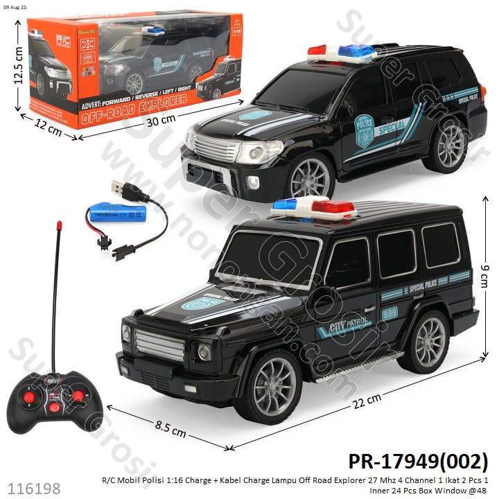 R/C Mobil Polisi 1:16 Charge + Kabel Charge Lampu Off Road Explorer 27 Mhz 4 Channel 1 Ikat 2 Pcs 1 Inner 24 Pcs Box Window @48