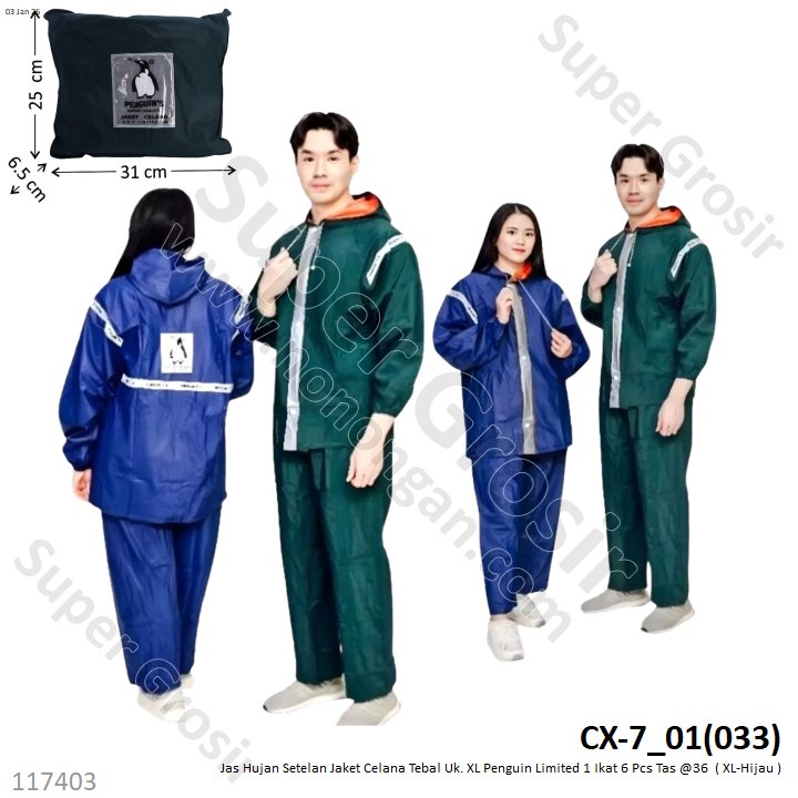 Jas Hujan Setelan Jaket Celana Tebal Uk. XL Penguin Limited 1 Ikat 6 Pcs Tas @36
