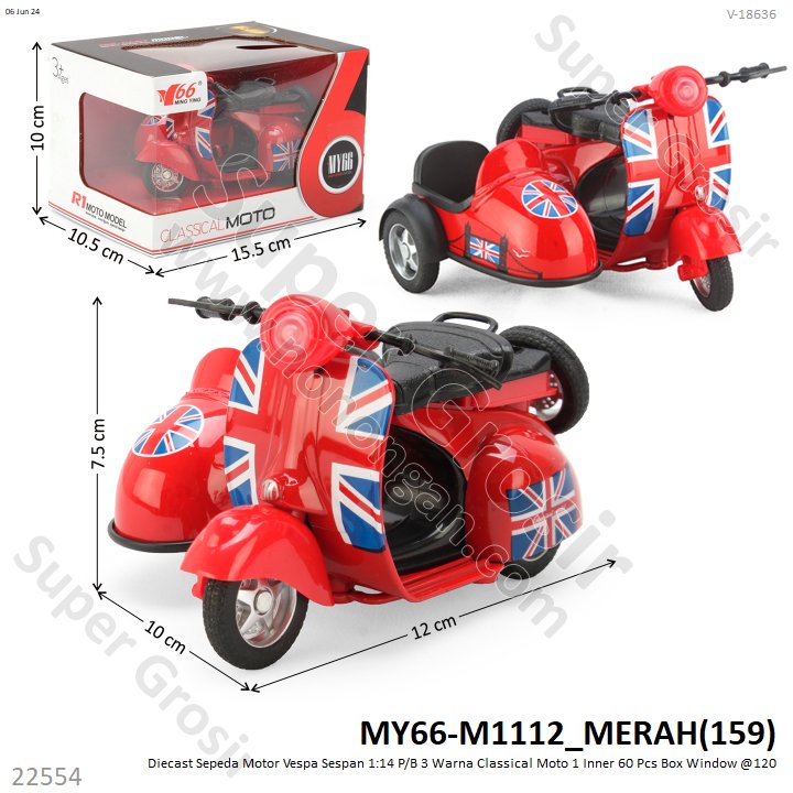 (ONLINE) Diecast Sepeda Motor Vespa Sespan 1:14 P/B Classical Moto Box Window @1
