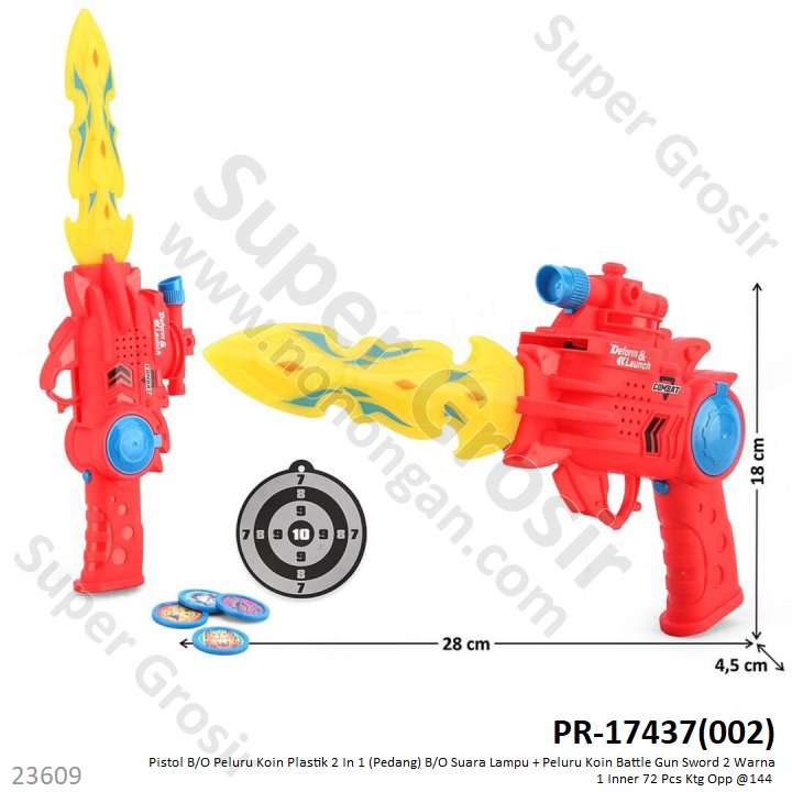Pistol B/O Peluru Koin Plastik 2 In 1 (Pedang) B/O Lampu Suara + Peluru Koin Battle Gun Sword 2 Warna 1 Inner 72 Pcs Ktg Opp @144