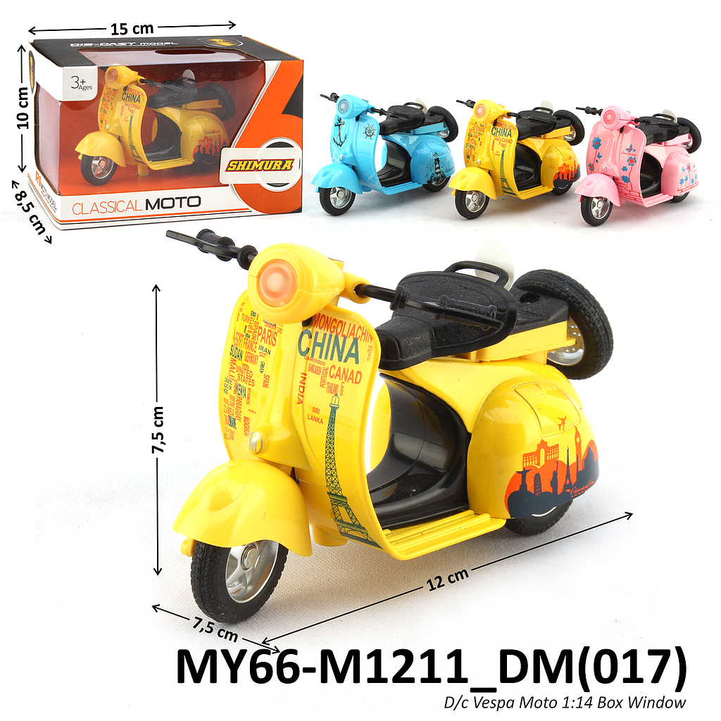 Diecast Sepeda Motor Vespa 1:14 B/O Lampu Suara Classical Moto Box Window @168