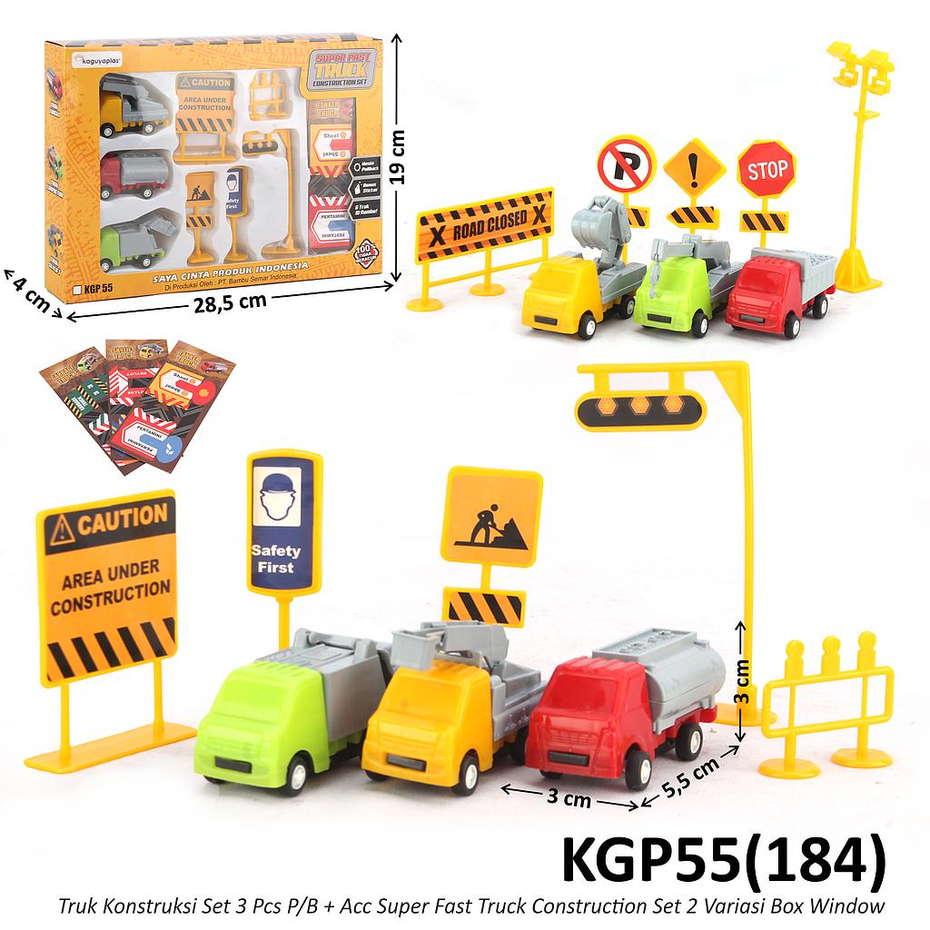 Truk Konstruksi 3 Pcs P/B dan Rambu-rambu Super Fast Truck Construction Set Box Window @68