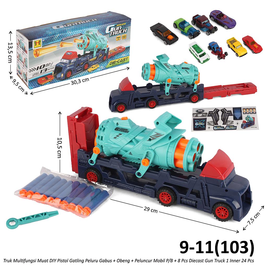 Track Mobil Skala Hot Wheels 1:64 Bentuk Truk Transporter Muat Meriam Gatling Peluru Gabus Multifungsi (DIY + Peluncur Mobil) + Mobil 8 Pcs P/B + Obeng Diecast Gun Truck 1 Inner 24 Pcs Box @48