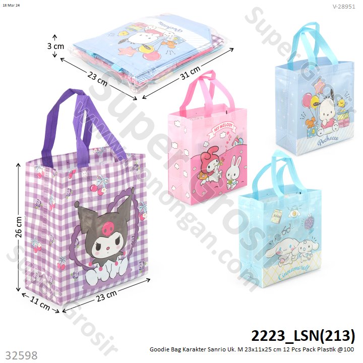Goodie Bag Karakter Sanrio Uk. M 23x11x25 cm 12 Pcs Pack Plastik @100