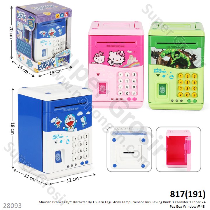 Mainan Brankas B/O Karakter B/O Suara Lagu Anak Lampu Sensor Jari Saving Bank 3 Karakter 1 Inner 24 Pcs Box Window @48