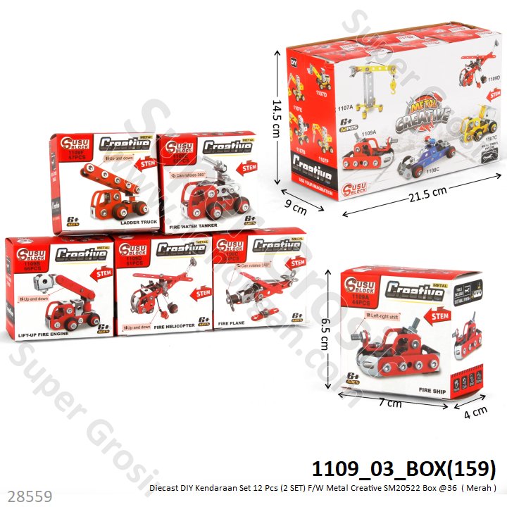 DIY Diecast Kendaraan Set 12 Pcs (2 SET) F/W Metal Creative SM20522 Box @36