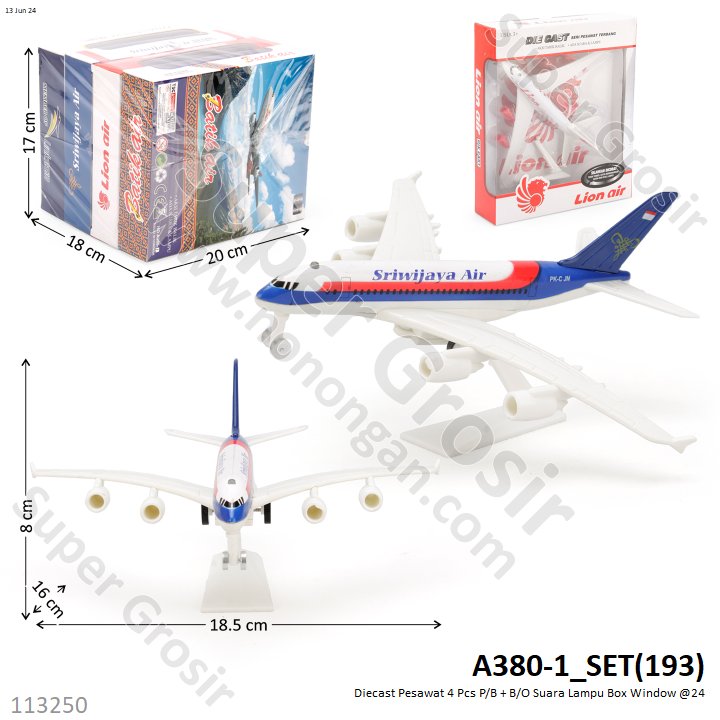 Diecast Pesawat P/B Maskapai B/O Suara Lampu Box Window @1