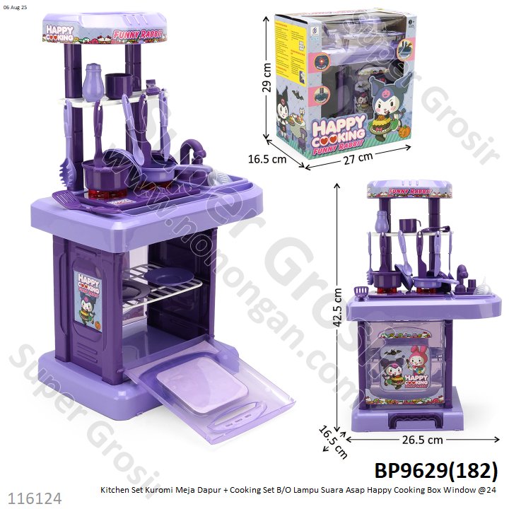 Kitchen Set Kuromi Meja Dapur + Cooking Set B/O Lampu Suara Asap Happy Cooking Box Window @24