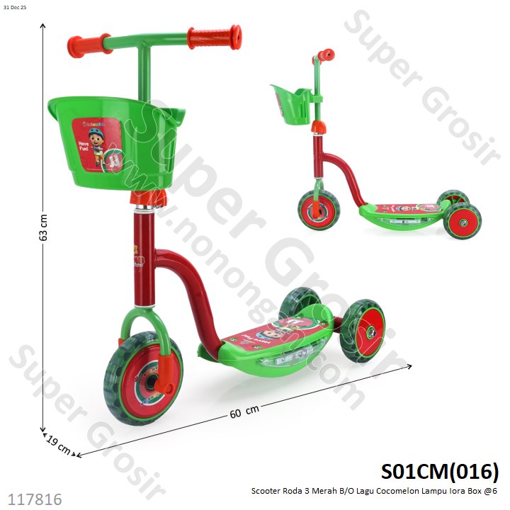 Scooter Roda 3 Merah B/O Lagu Cocomelon Lampu Iora Box @6
