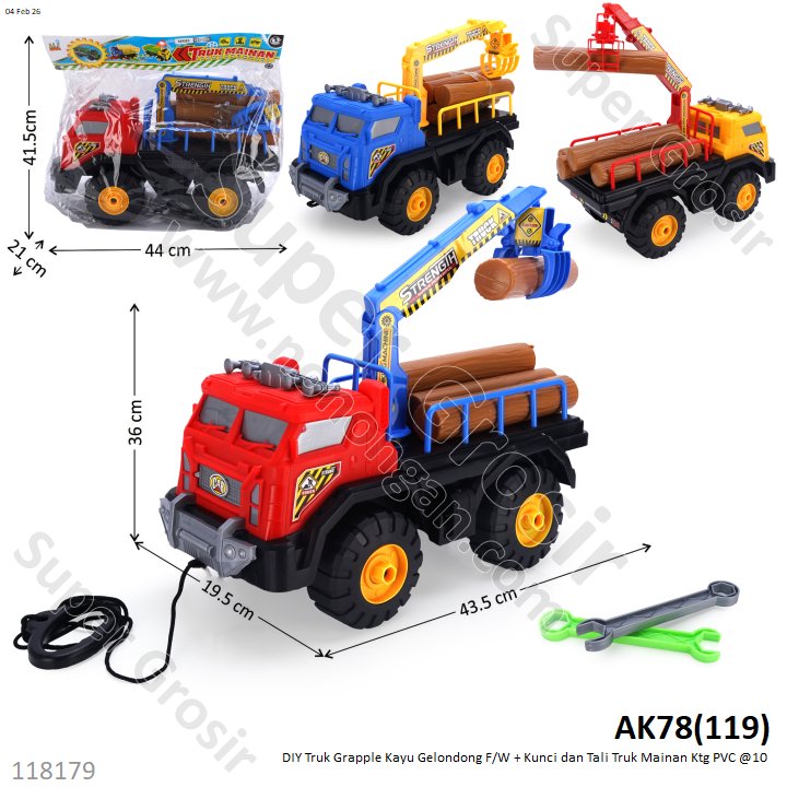 DIY Truk Grapple Kayu Gelondong F/W + Kunci dan Tali Truk Mainan Ktg PVC @10