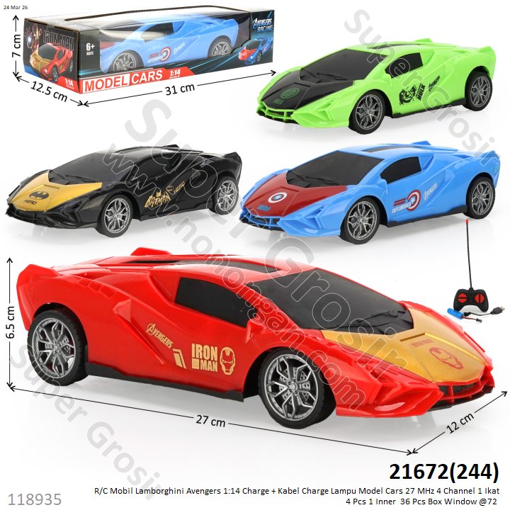 R/C Mobil Lamborghini Avengers 1:14 Charge + Kabel Charge Lampu Model Cars 27 MHz 4 Channel 1 Ikat 4 Pcs 1 Inner  36 Pcs Box Window @72