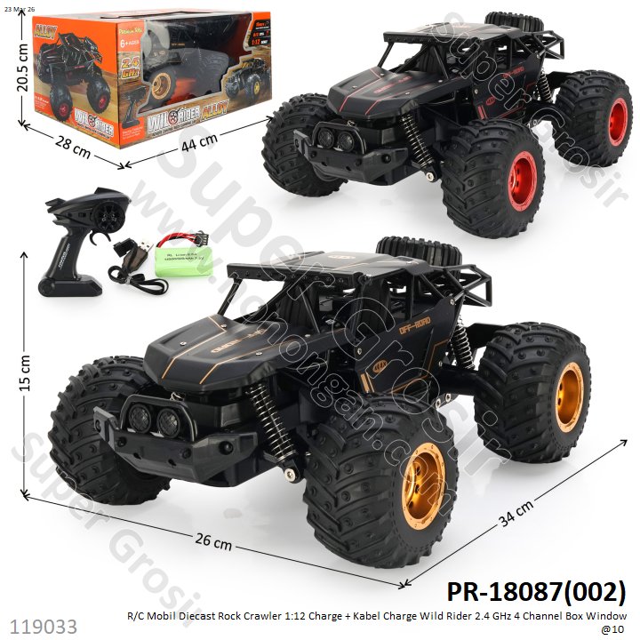 R/C Mobil Diecast Rock Crawler 1:12 Charge + Kabel Charge Wild Rider 2.4 GHz 4 Channel Box Window @10