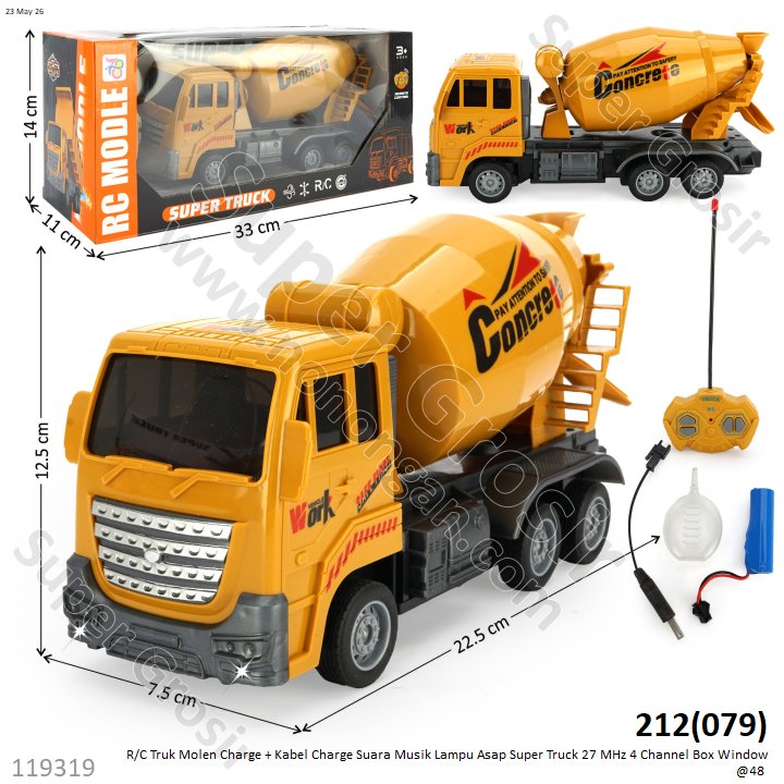 R/C Truk Molen Charge + Kabel Charge Suara Musik Lampu Asap Super Truck 27 MHz 4 Channel Box Window @48