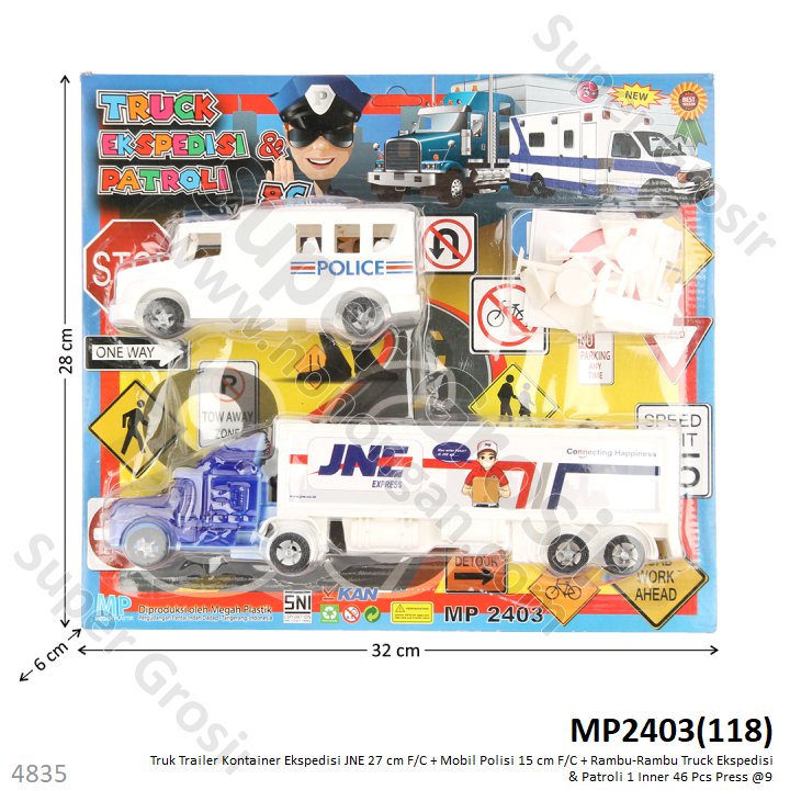 Truk Trailer Kontainer JNE 27 cm F/C Set Mobil Polisi F/C 15 cm dan Rambu-Rambu Truck Ekspedisi &amp; Patroli 1 Inner 46 Pcs Press @92