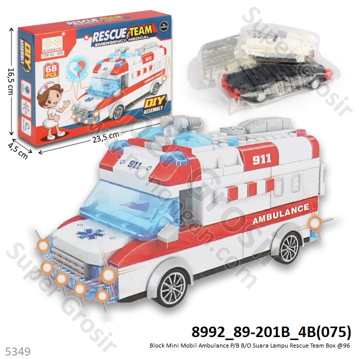 Mini Block Mobil Ambulance P/B B/O Suara Sirine Lampu Rescue Team Box @96